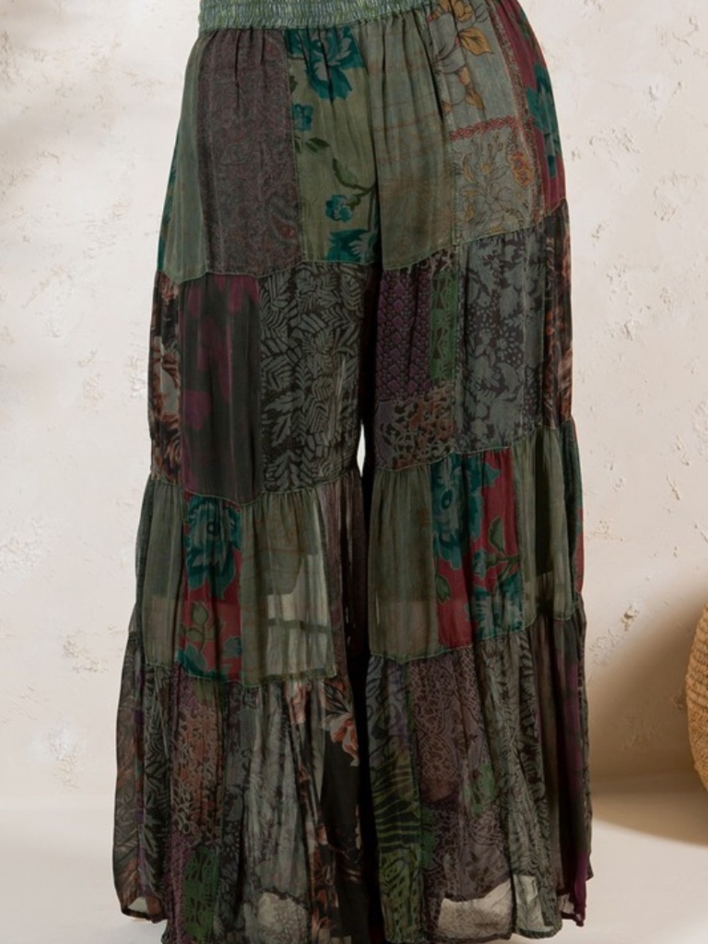 "The Kendra" Basil Retro Revival Long Flared Patchwork Pants - Picture 3 of 5